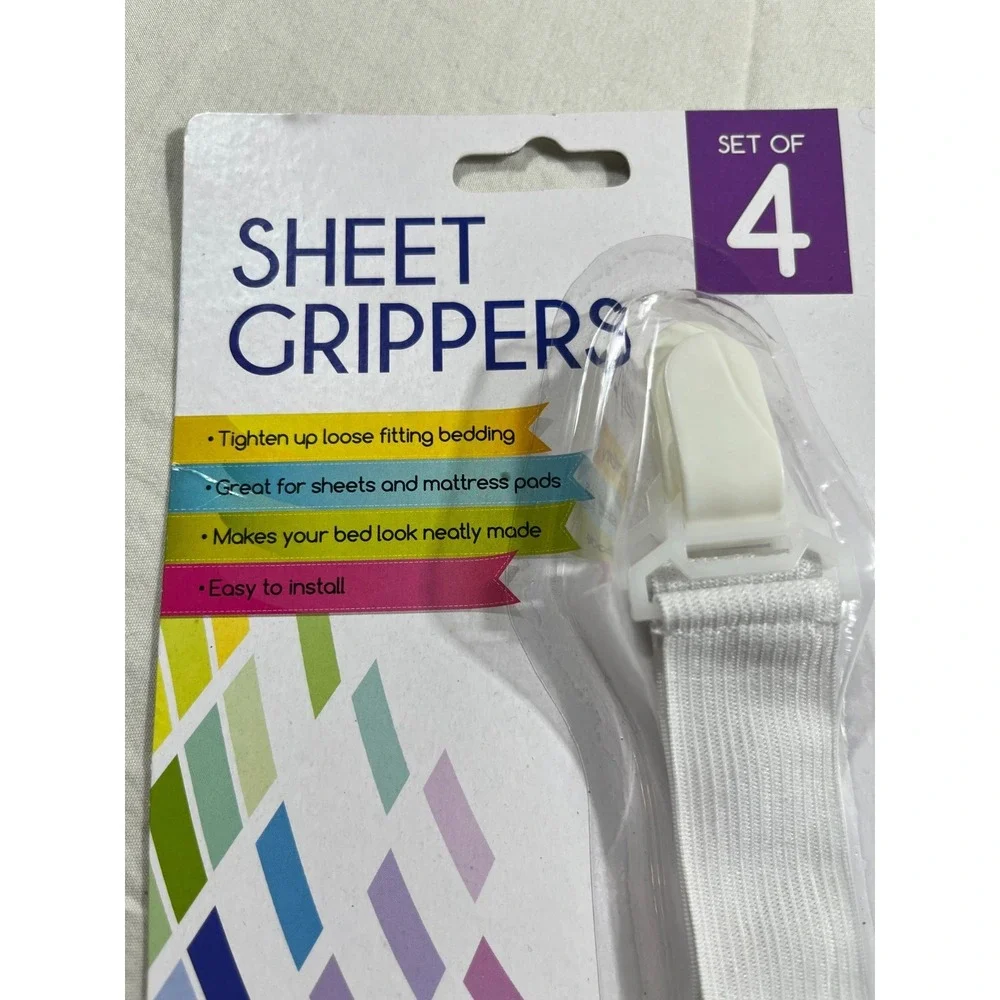 4 Pack Bed Sheet Grippers Adjustable Elastic Corner Straps Fasteners White NIB
